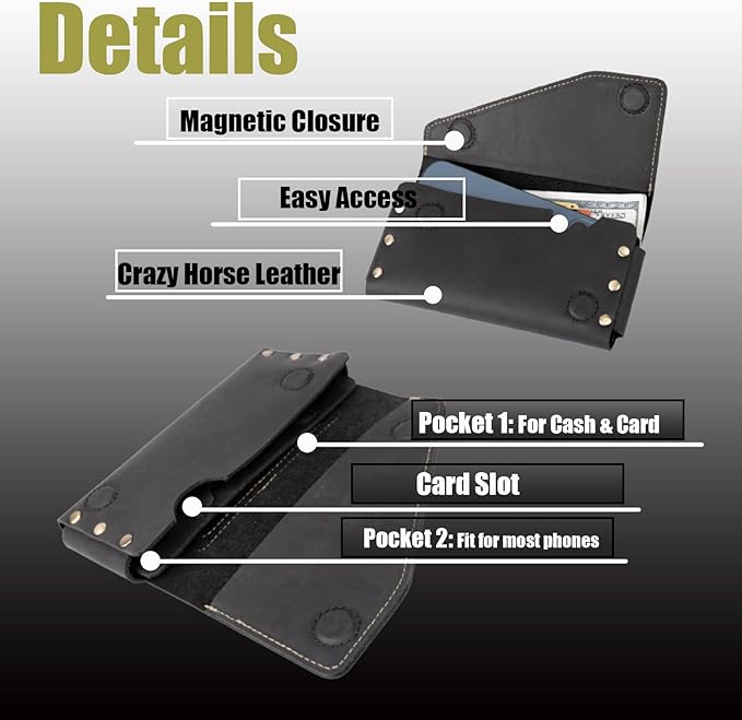 Topstache Belt Loop Leather Phone Holster for iPhone 17/17 Pro/16/16 Pro, Galaxy S25/S24 - Cell Phone Belt Holder - Leather Pouch with Card Holder Wallet - Fit Protective Case on, L,Black