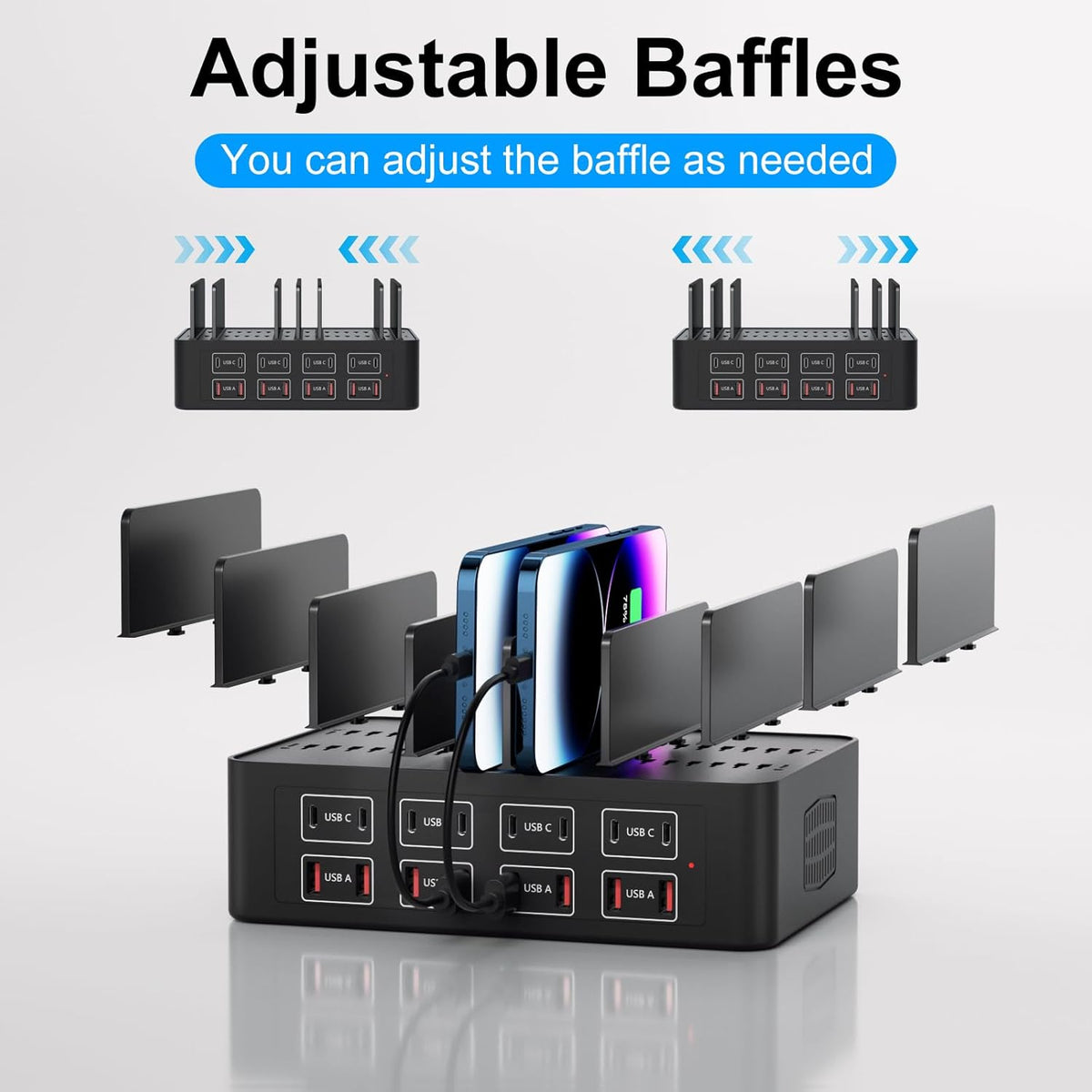 150W/35A Charging Station for Multiple Devices, 16 Port USB C Fast Charging Station with Adjustable Dividers - Organizer Charging Dock for Smartphone, iPad, Kindle, Tablet & More