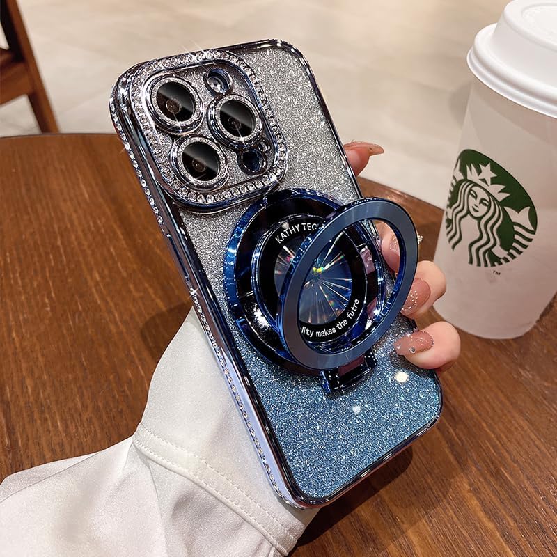 Magnetic Kickstand (Glitter Lens Protector ) Case for IPhone 15 14 13 12 Pro Max (Compatible with Magsafe ) Sparkling Diamond Cover Glitter Shiny Rhinestone Cases (Blue,for iphone 15 Plus)