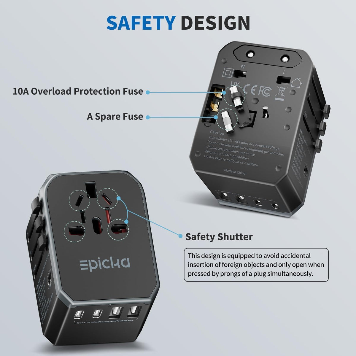 EPICKA Universal Travel Adapter, International Power Adapter with 2 USB-A & 3 USB-C Ports Wall Charger - Worldwide Travel Essentials, European Travel Plug Adapter for UK/US/AU (TA-105C, Black)