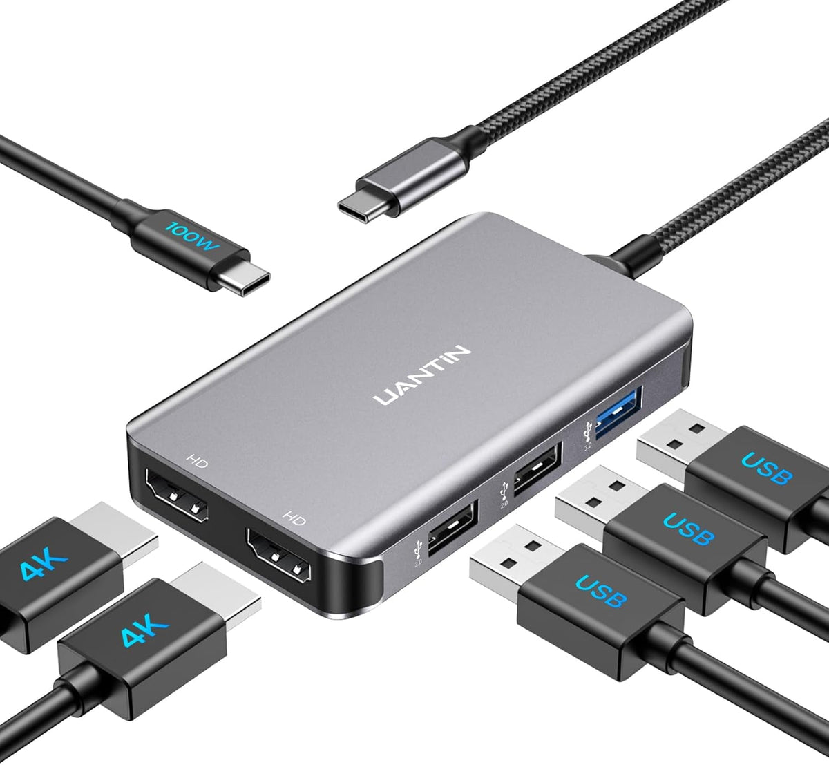 USB C Docking Station Dual Monitor with 2 HDMI, 6-in-1 USB C Hub, Laptop Docking Station with 4K HDMI, 3 USB-A, 100W PD Charging, Thunderbolt Dock Compatible with Dell, HP, Lenovo, Surface