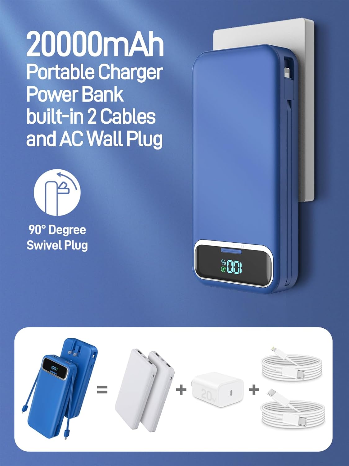 Portable Charger Power Bank with Built in Cables and AC Wall Plug,PD20W&SCP22.5W USB-C Super Fast Charging,20000mAh Travel Phone Charging,LED Display Battery Pack Compatible All iPhone Samsung etc