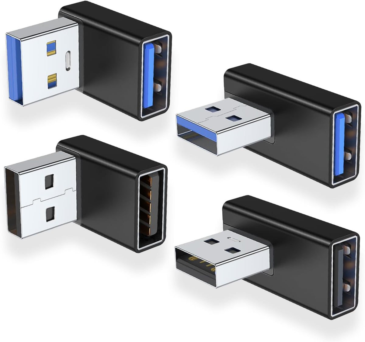 AreMe 90 Degree USB 3.0 Adapter 4 Pack, Up and Down Angle, Left and Right Angle USB A Male to Female Converter Extender for PC, Laptop, USB A Charger, Power Bank and More (Black)