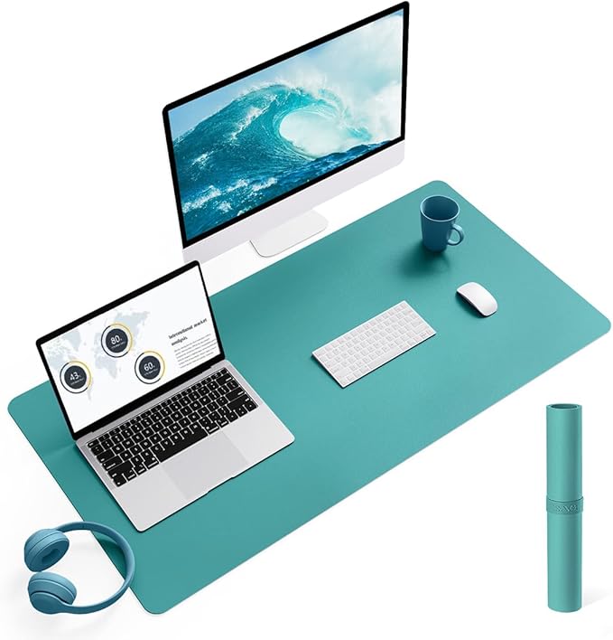 YSAGi Non-Slip Leather Desk Pad L Size, Waterproof Laptop Computer Desk Keyboard Mat, Table Protector Blotter Mat, Large Mouse Pad for Office/Work/Home/Decor(Green Blue, 35.4" x 17")