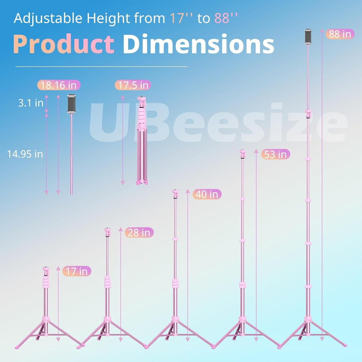 UBeesize 88’’ Flexible Phone Tripod with 14.95’’ Gooseneck, Remote and Phone Holder, Overhead Cell Phone Stand＆Selfie Stick for Video Recording, Compatible with iPhone Android Phone, Camera Pink