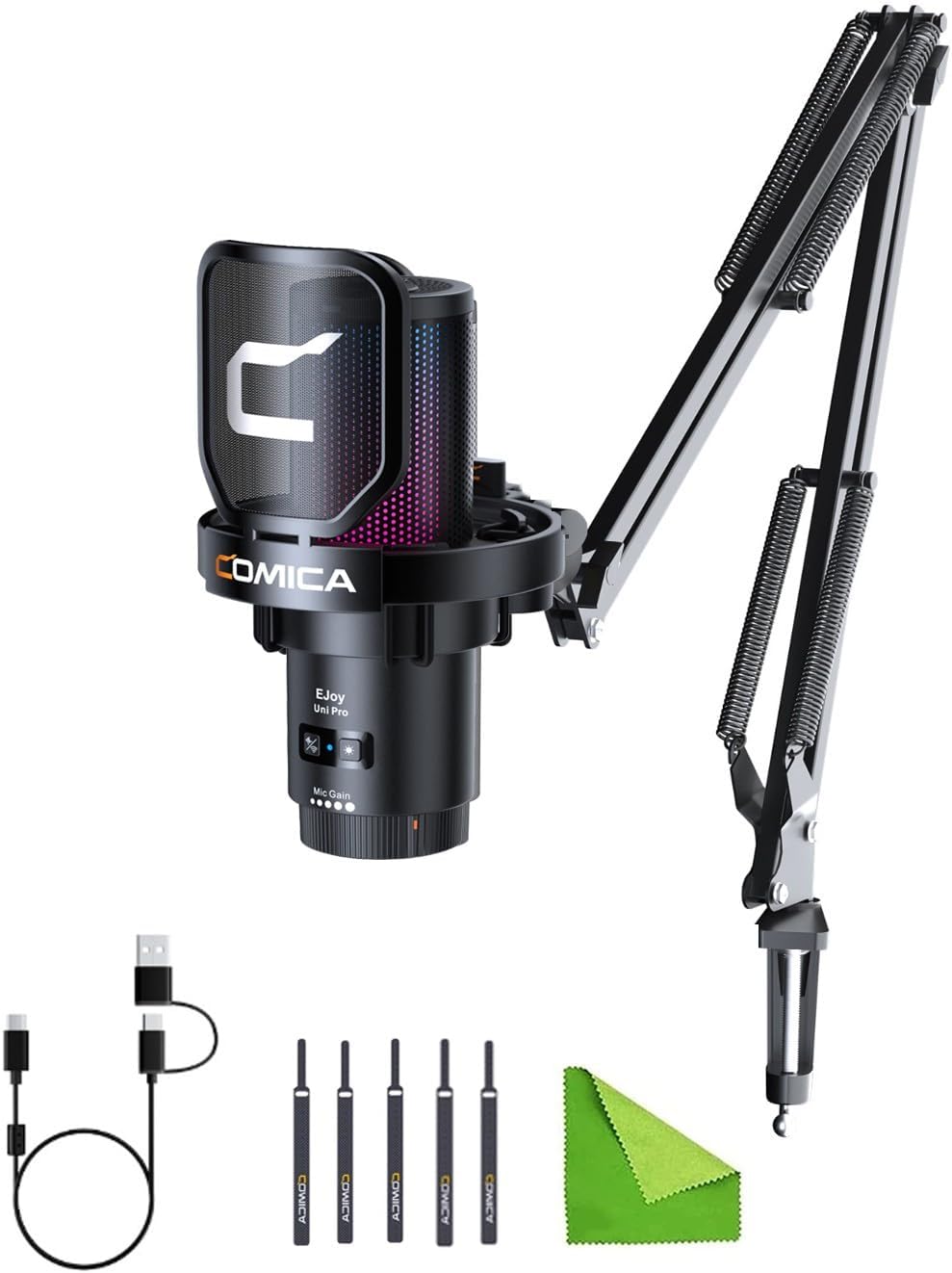 COMICA USB Microphone for Computer and Smartphone,48kHz/24bit RGB Cardioid Condenser Gaming Mic for Podcasting,Streaming,Recording,Music Creation,with Boom Arm Stand-Black(EJoy Uni A)
