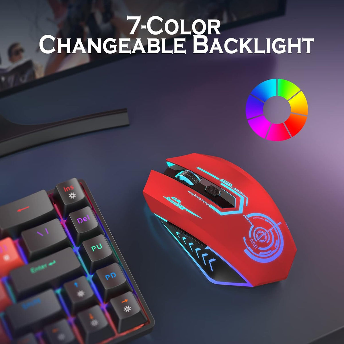 UHURU Gaming Mouse, Wireless Gaming Mouse with 6 Buttons 7 Changeable LED Color up to 10000 DPI, Rechargeable USB Gamer Mouse for PC Laptop (Red)