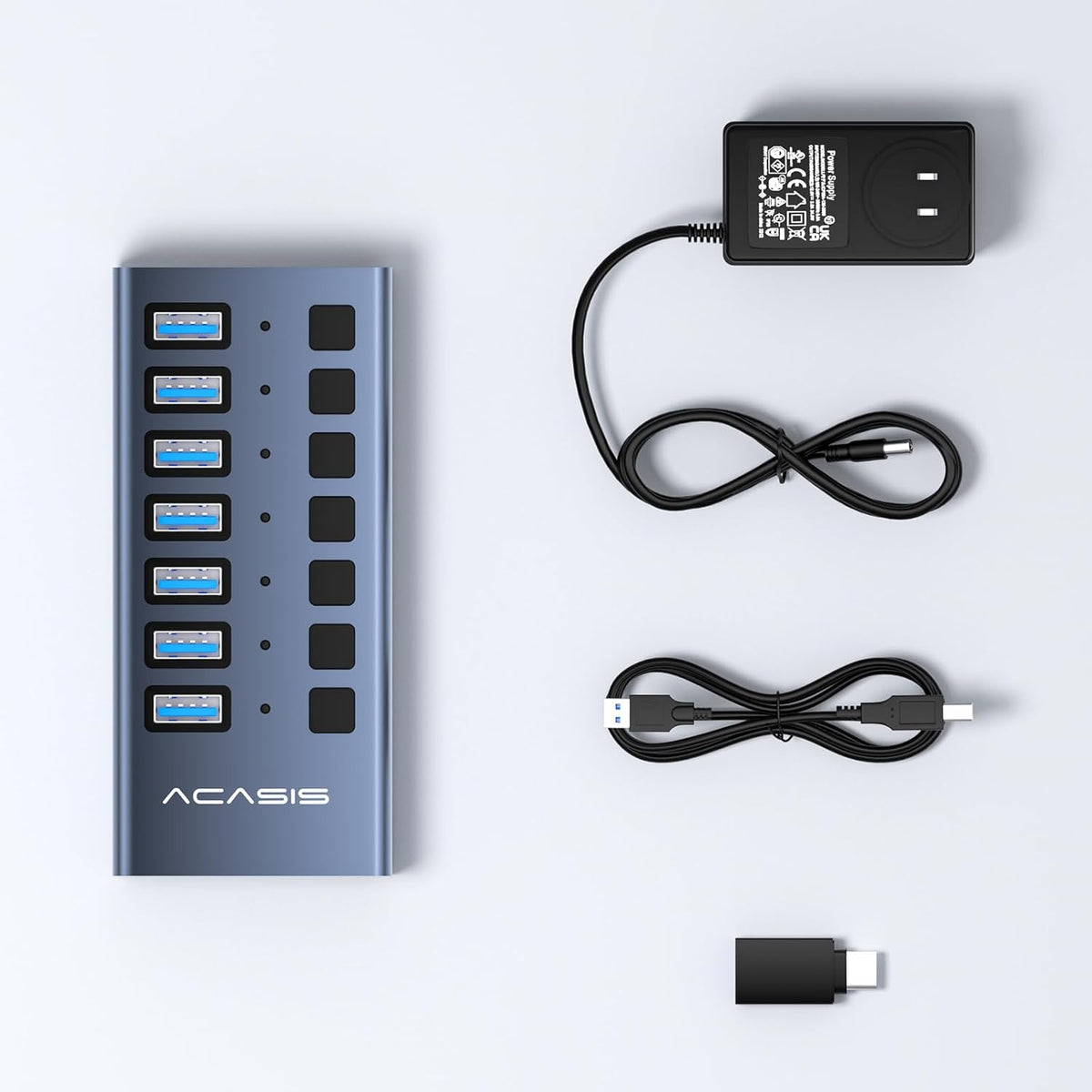 Powered USB 3.1 Hub, ACASIS 7 Ports USB 3.1 Hub with 10Gbps Data Speed，Aluminum Housing, USB Hub Powered with 24W Power Adapter, USB Hub for PC/Laptop, Computer, Flash Drive, Printer, Camera