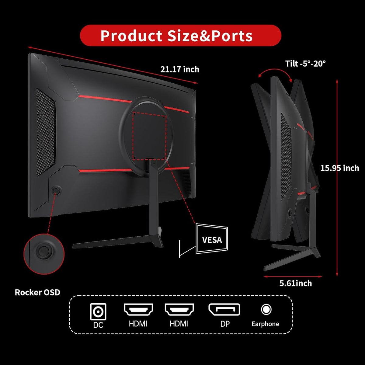 KTC 24 inch 1500R Curved Gaming Monitor 165Hz 1ms FHD 1080p VA Tilt Adaptive Sync HDR 110% sRGB DP/HDMI,VESA for Gaming Home Office Business PS5 PC Monitors