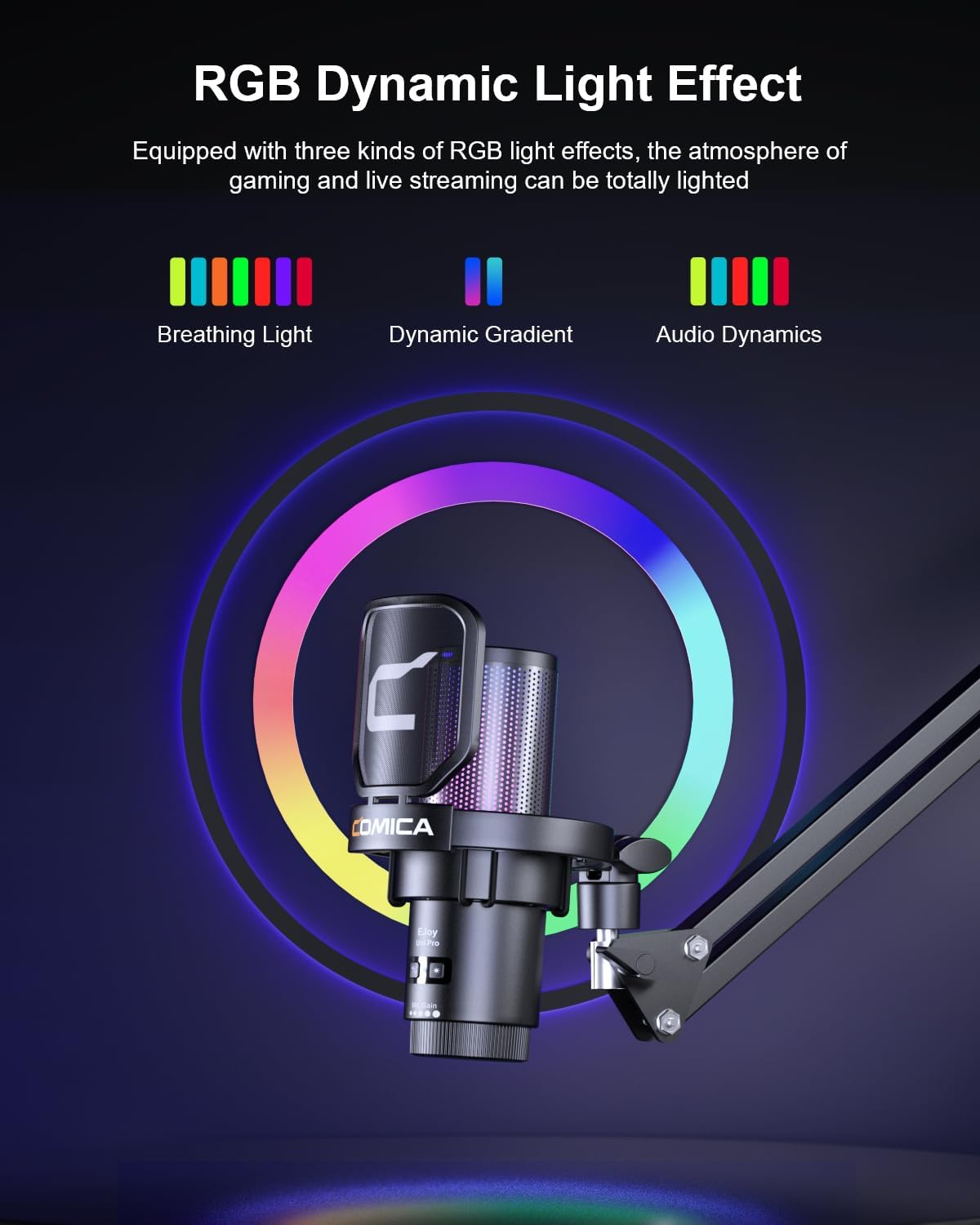 COMICA Ejoy Uni(A) USB Gaming Microphone with Noise Cancellation, RGB Lights, Monitoring, Muting, Streaming Mic for Computer, PS5, PS4, Streaming, Podcast, Chat, Twitch, YouTube, Discord