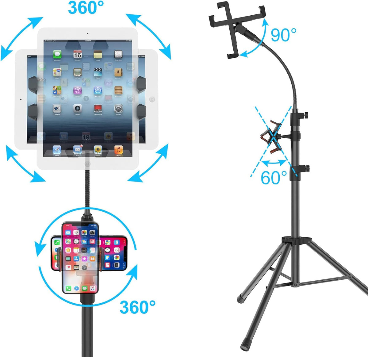 Tripod Stand for Ipad,Gooseneck 65-inch Floor Stand for Tablet,Floor Stand for iPad Tripod with 360° Rotating Mount for Mini, Air, Pro and All 4.7-11.9 Inch Tablet and Phone