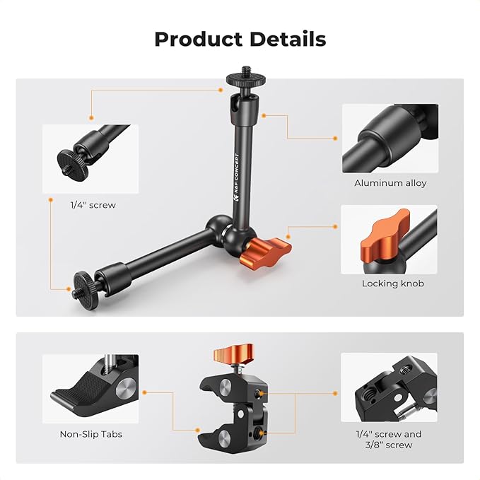 K&F CONCEPT 9.8" Magic Arm Clamp Kit with 1/4" & 3/8" Thread Screw 360° Ball Heads Articulating Magic Arm Camera Mount for Monitor, Flash, LED Light, Microphone, Camera Cage, Action Camera