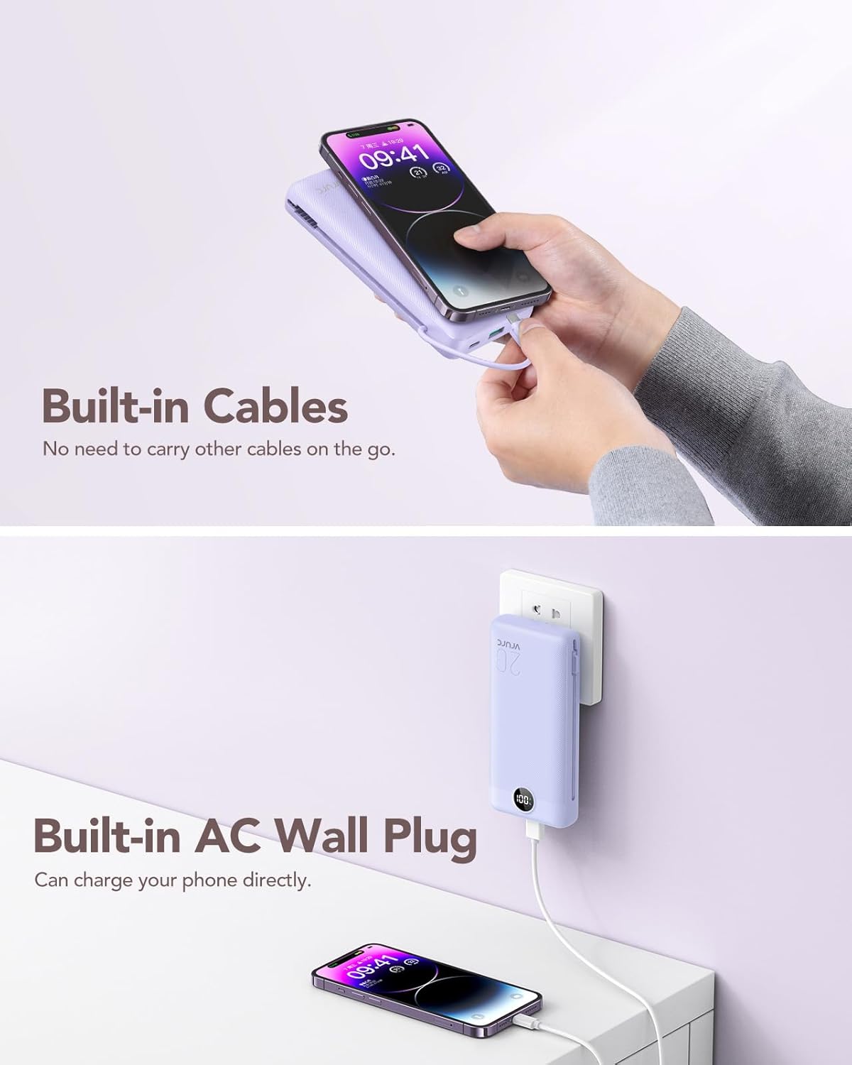 VRURC Portable Charger 20000mAh, Fast Charging Power Bank USB C,4 Output 2 Input Travel Essentials Charging Bank Equipped with LED Display,Built-in Wall Plug and Cables,Phone Charger Battery,Purple