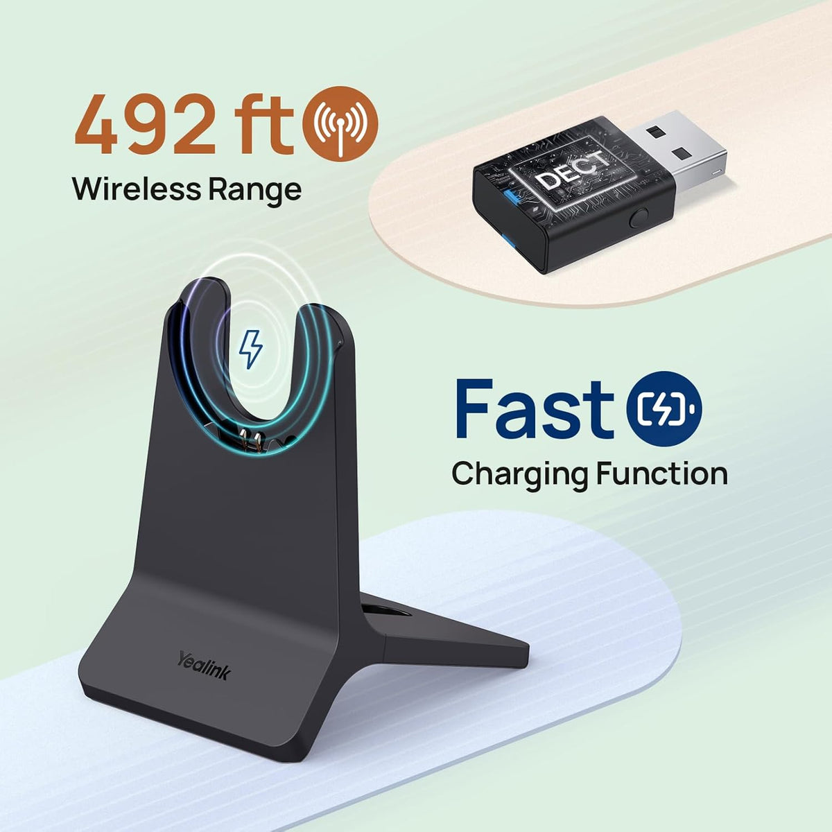 Yealink WH64 Hybrid DECT& Bluetooth Wireless Headset, 492ft Range Mono Teams UC Headphones with DECT Dongle & Charging Stand, 3X Mic, 26H Talk Time,Portable Single Headsets for PC,Cellphone,Laptop