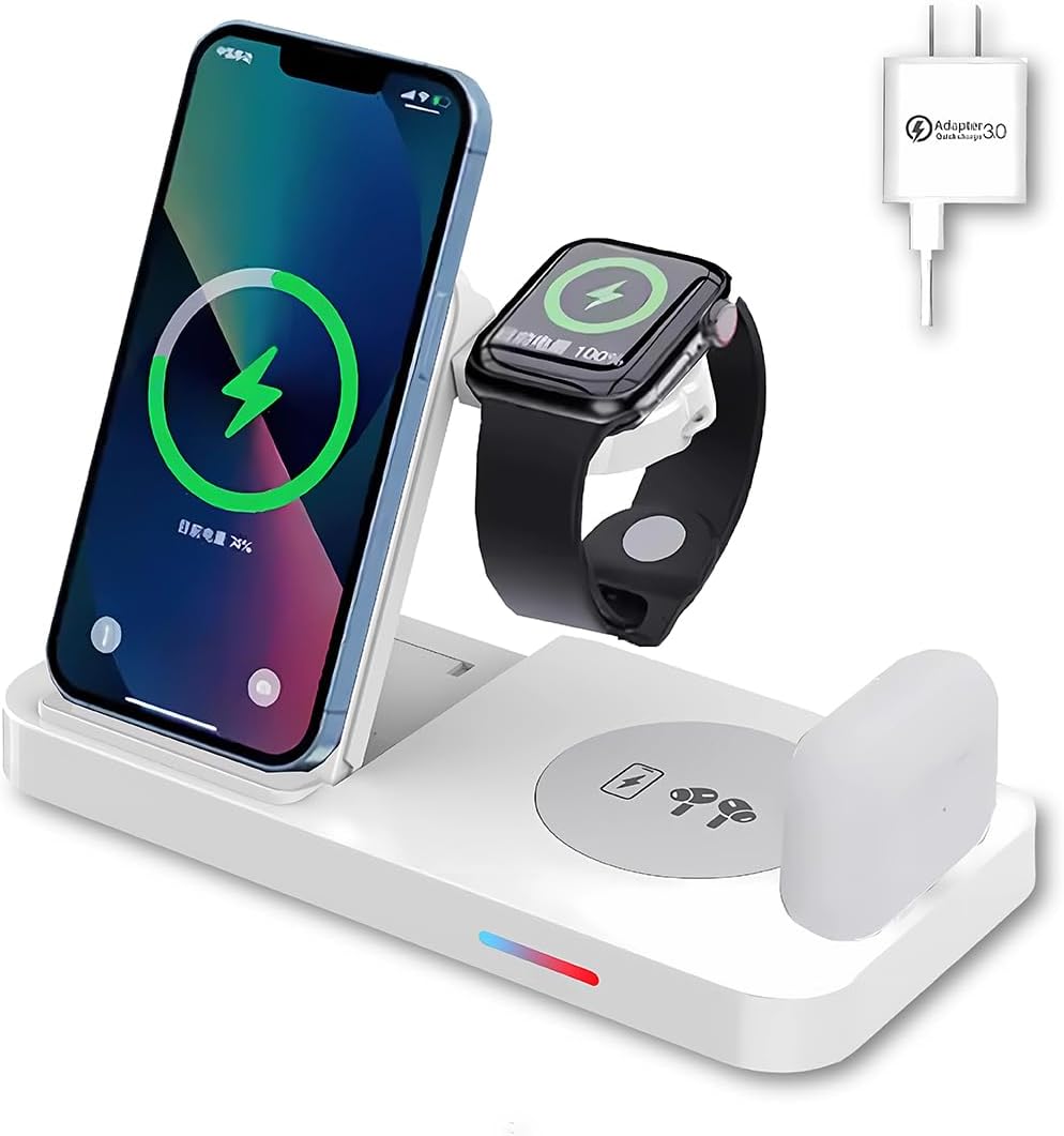 4-in-1 Fast Wireless Charging Station for iPhone16/15/14/13, Apple Watch Ultra/9/8, AirPods Pro,18W Qi-Certified (with QC3.0 Adapter)