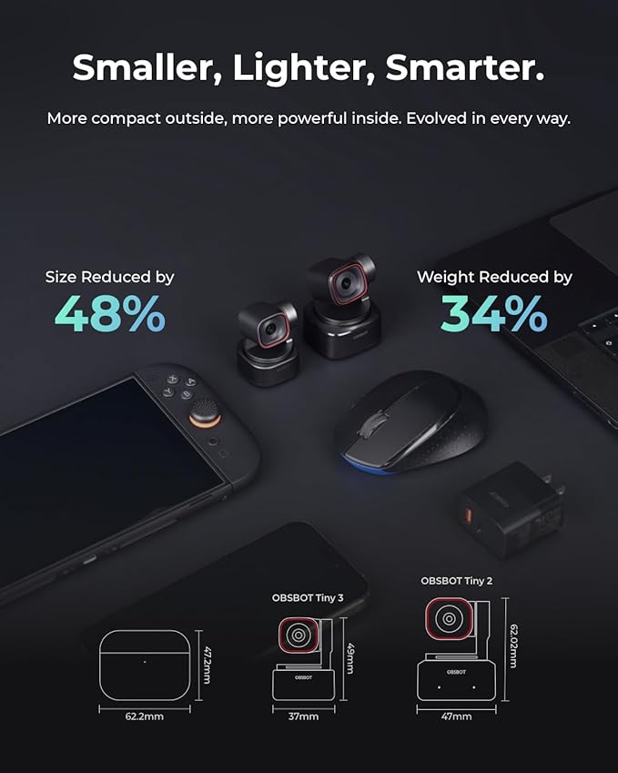 OBSBOT Tiny 3 AI-Powered Spatial Audio 4K Webcam Bundle with Remote AI Tracking PTZ Camera with 1/1.28 Sensor Tri-Mic Voice &amp Gesture Control 120FPS HDR Web Cam for PC Laptop Streaming e