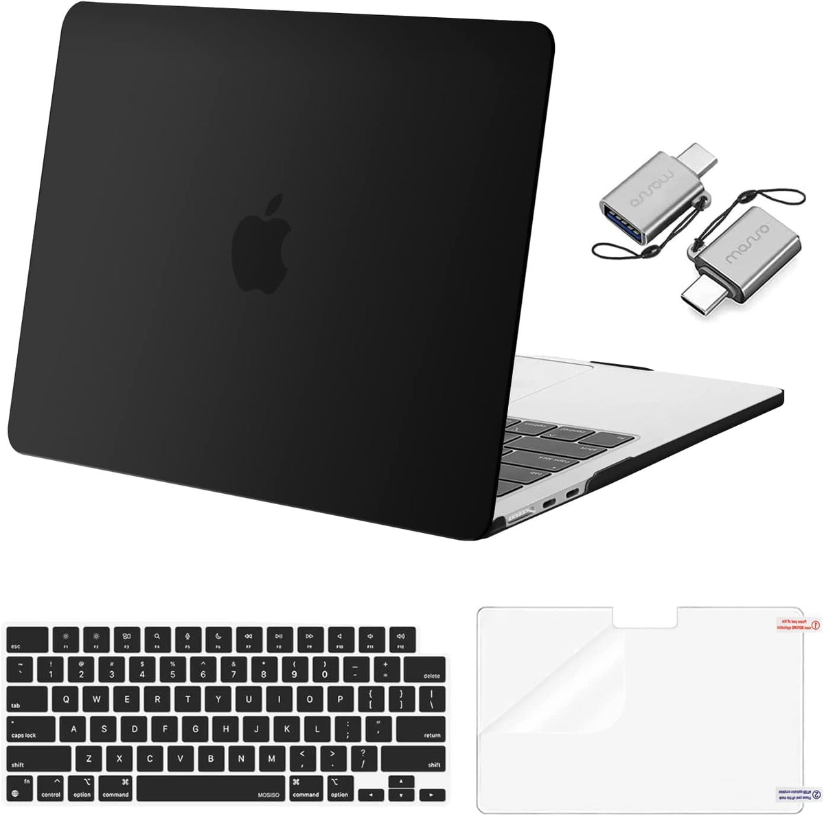 MOSISO Compatible with MacBook Air 13 inch Case 2025 2024 2023 2022 M4 A3240 M3 A3113 M2 A2681, Plastic Hard Shell&Keyboard Cover&Screen Film&Type C for MacBook Air 13.6 inch Case, Black