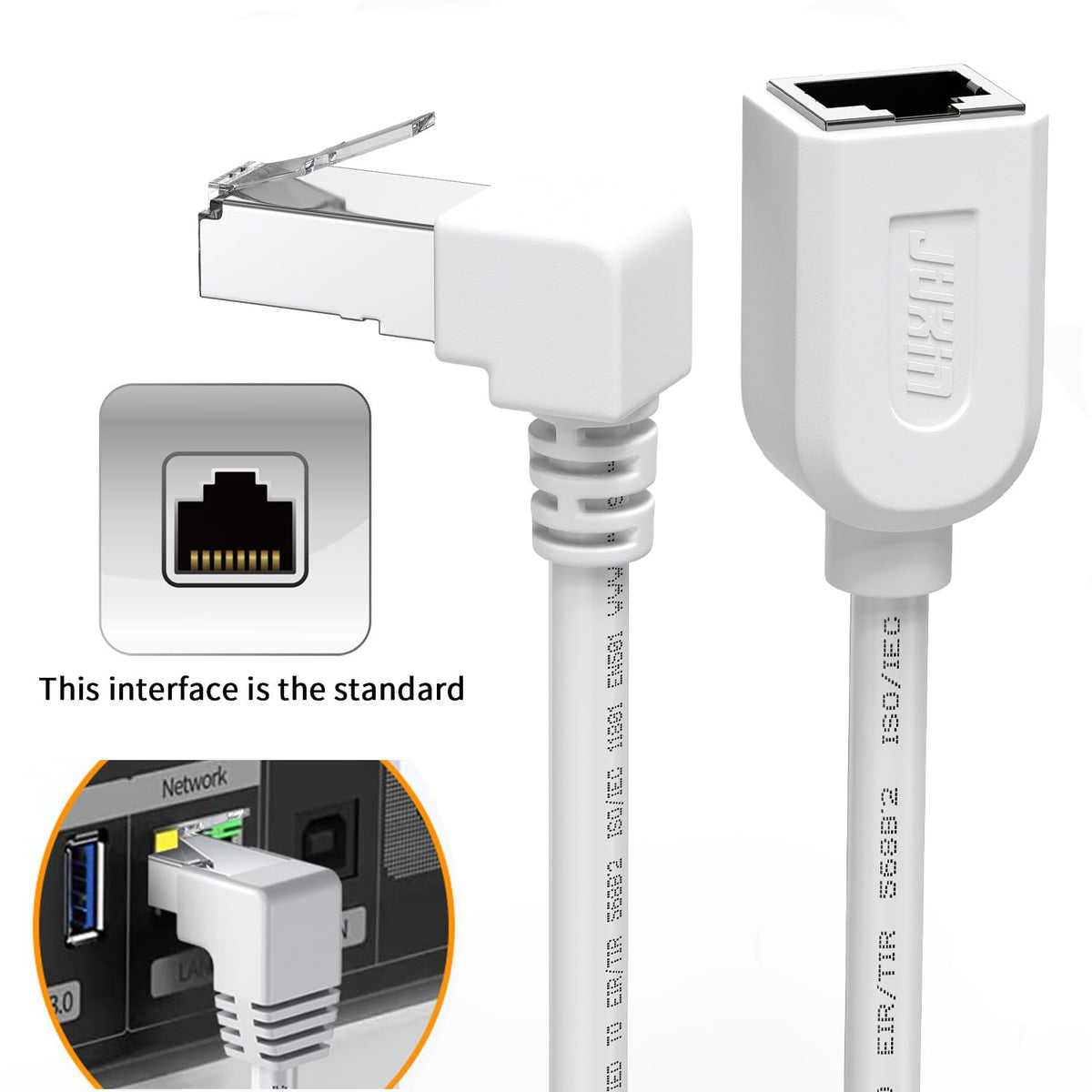 Right Angle Ethernet Extension Cable Down Angle1.5ft-White, 90 Degree CAT6 Ethernet Patch Cable RJ45 LAN Cable Extender Male to Female Connector for Router Modem Smart TV PC Computer Laptop