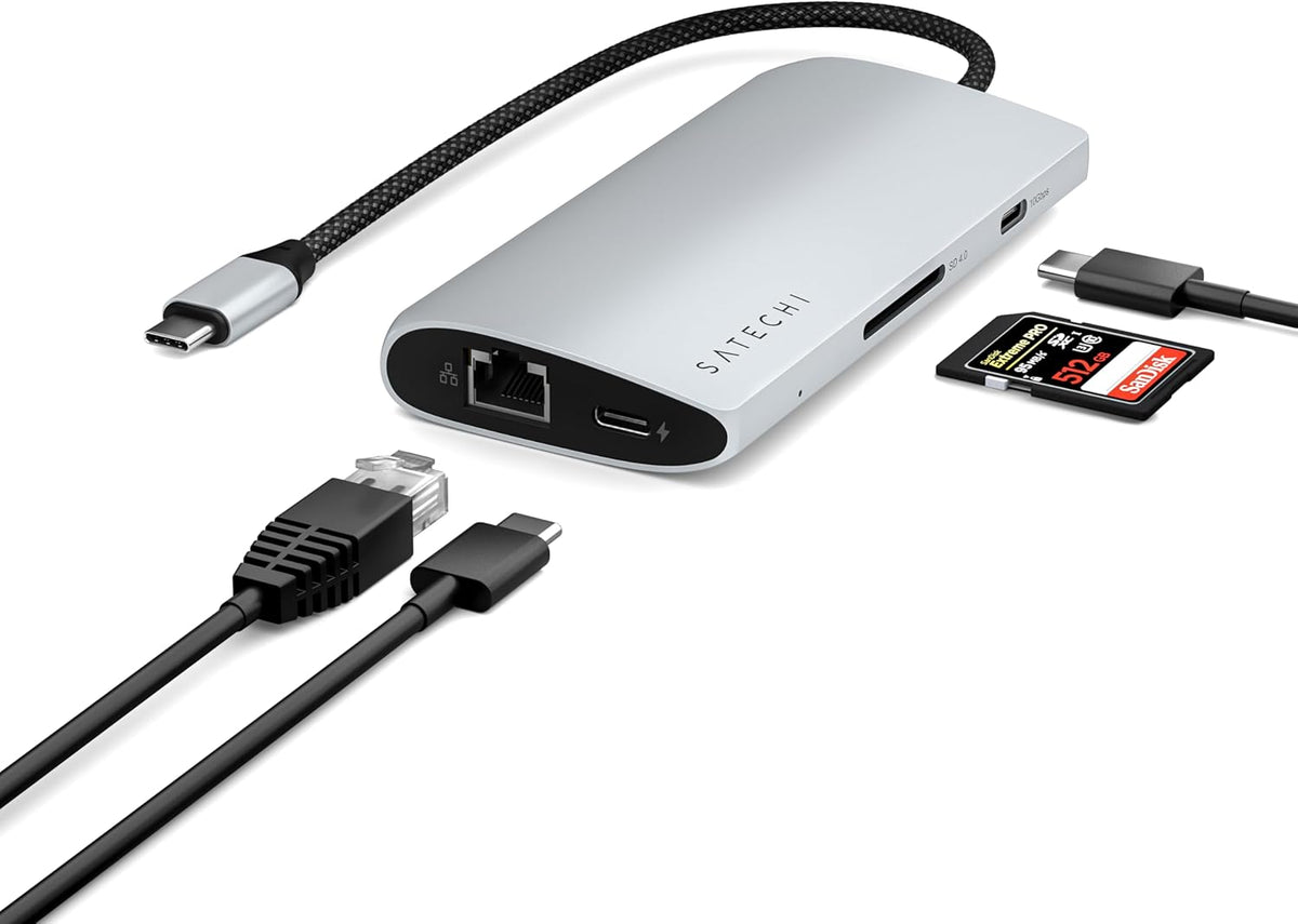 Satechi 8 in 1 USB C Hub Multiport Adapter V3, 8K HDMI, 100W Charging, 4 USB Data Ports, Ethernet, SD Card Reader, for Laptop, for Mac/Windows, MacBook Pro/Air M4/M3/M2/M1, iPad, iPhone 16 - Silver