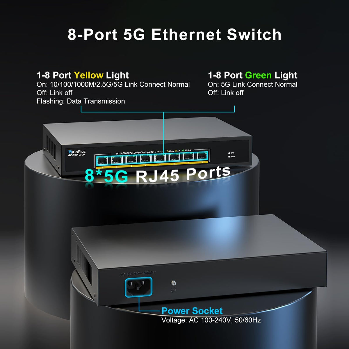 8 Ports 5Gb Unmanaged Ethernet Switch with 8*5G Base-T Ports. GiGaPlus 5Gbps Network Switch for 5Gbe NAS/PC, 5Gbps Adapter/NIC, WiFi7 Router, Desktop/19-inch Rack Mount