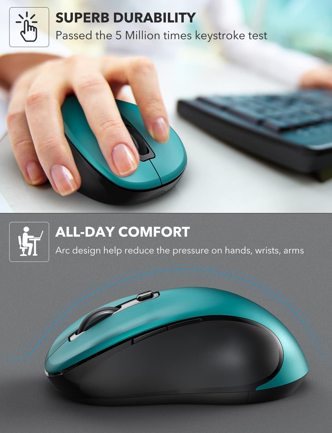Trueque Wireless Mouse for Laptop, 2.4GHz Ergonomic Computer Mouse with Back & Forward Buttons,3 Adjustable DPI Levels, 6 Buttons, Optical USB Cordless Mice for Windows Chromebook MacBook PC (Teal)