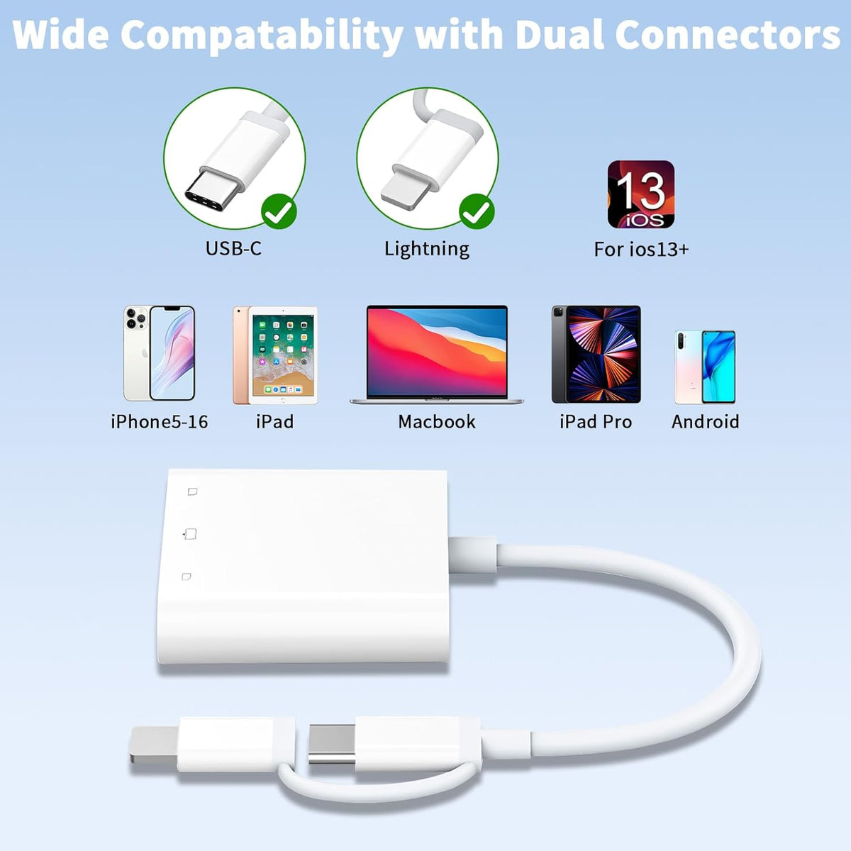 Lightning and USB C SD Card Reader for iPhone iPad Mac Android Phone Laptop, 3 in 2 Memory Card Reader Supports Compact Flash SD Micro SD CF Card, Digital Camera Adapter Plug and Play
