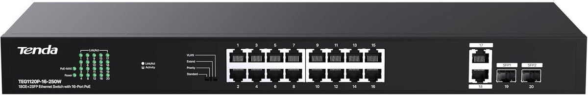 Tenda TEG1120P-16-250W, 16 Port Gigabit PoE Switch Compatible with IEEE 802.3af/at Devices, Rack Mountable, Unmanaged PoE+ Switch with 16 Port PoE+@230W & 2 RJ45 Ports & 2 SFP Slots