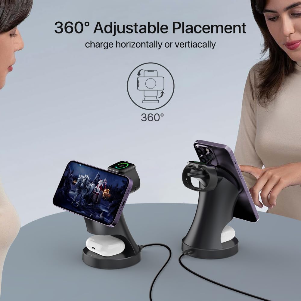 3 in 1 Wireless Charging Station for Apple Devices,Magsafe Charger Stand for IPhone16 15 14 13 12 Pro/Max/Plus/Mini Wireless Charger Station for AirPods 2/3/Pro iWatch Ultra/8/7/SE/6/5/4/3/2