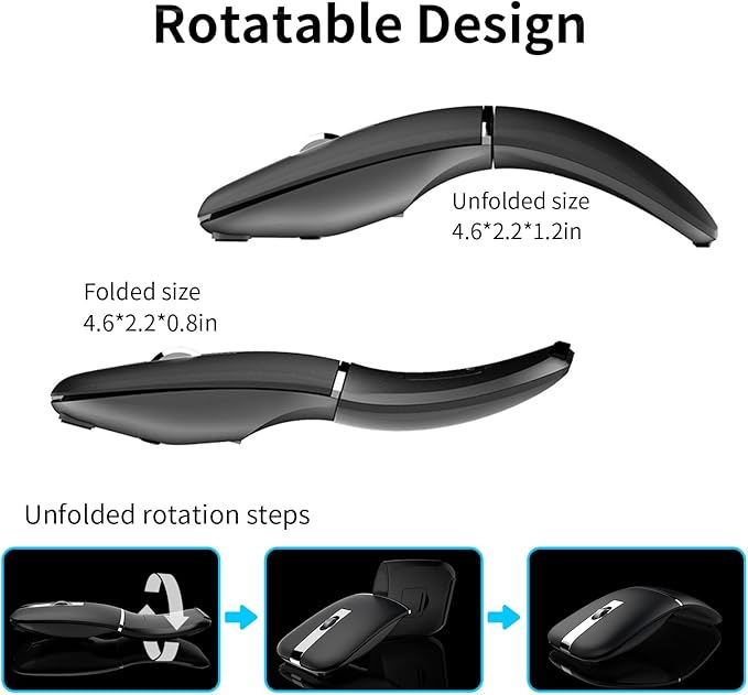 Bluetooth Arc Travel Mouse - BT &amp 2.4G Wireless Dual Mode Rechargeable Slim Rotatable Portable 3 Adjustable DPI USB Optical Computer Silent Mouse for Microsoft Laptop PC Tablet - Graphite Black