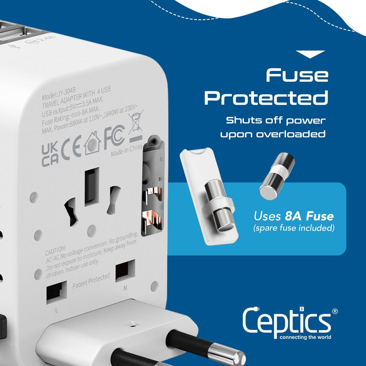 Ceptics Universal Travel Adapter Plug World Power W/ 4 USB Ports - Charge Cell Phones, Smart Watches, iPhones - For International Europe, China, UK, UAE, Australia - Type A, C, G, I