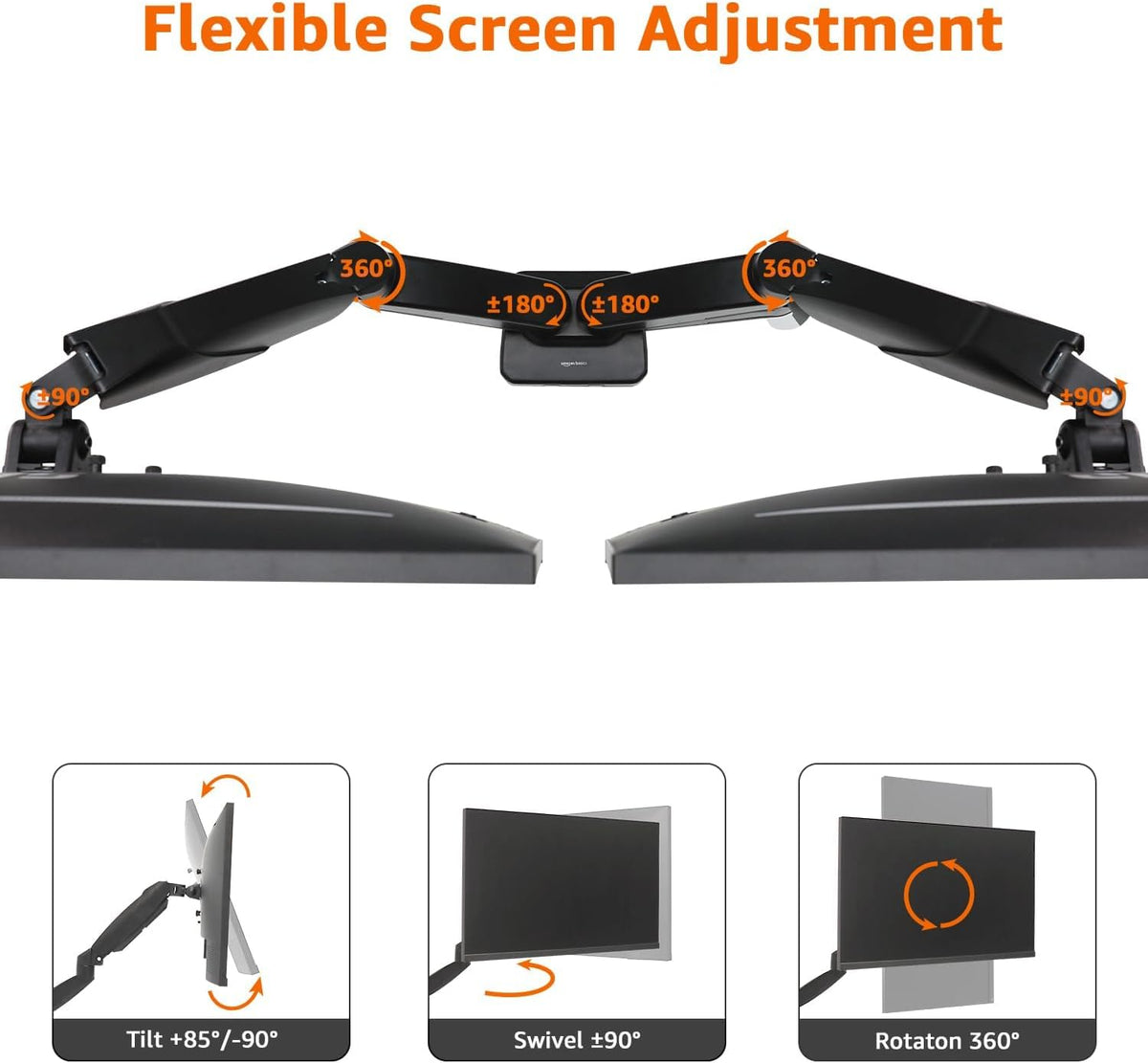 Amazon Basics Gas Spring Dual Computer Monitor Arm Mount, Adjustable, Holds up to 27" Monitors, Black