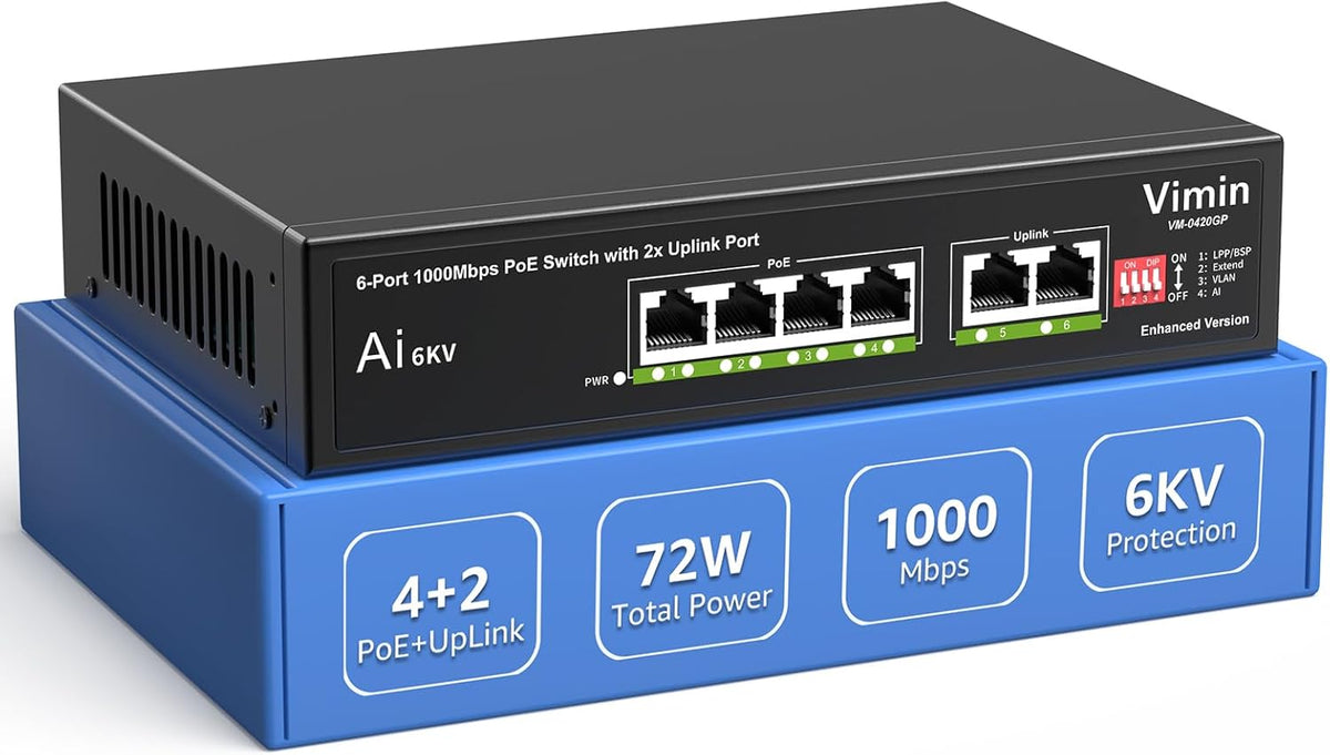 [Upgraded] 6-Port Gigabit PoE Switch with 4 Port PoE, VIMIN 4-Port Unmanaged 10/100/1000Mbps Network PoE Switch with 2 Uplink Ports, AI Watchdog, VLAN, Extend 250m, Support IEEE802.3af/at