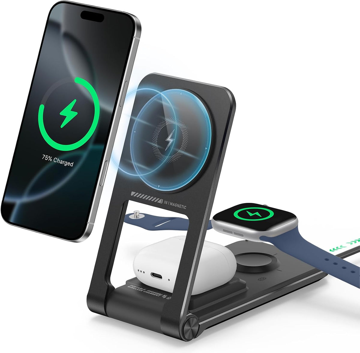 3 in 1 Charging Station for Apple Devices, Magnetic Wireless Charger Stand, 15W Foldable Travel Charging Dock for iPhone 16e 16 15 14 13 12 Pro Max Plus & Apple Watch & AirPods 4 3 2 Pro, Black
