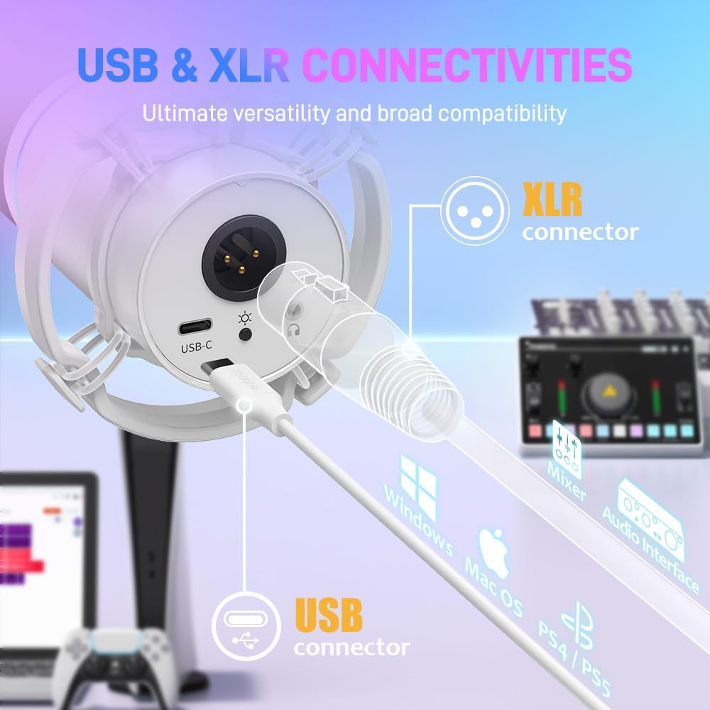 MAONO XLR/USB Dynamic Microphone, RGB Gaming Mic with Software, Mute, Gain Knob, Volume Control and Headphone Jack for Streaming, Podcasting, Recording-PD200X (White)