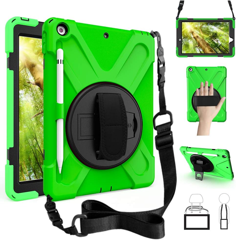 ZenRich Shockproof Case for iPad 9th/8th/7th Generation 10.2 inch 2021/2020/2019, Heavy Duty Rugged Case with Pencil Holder/360° Rotating Kickstand/Handle/Carrying Strap, Green