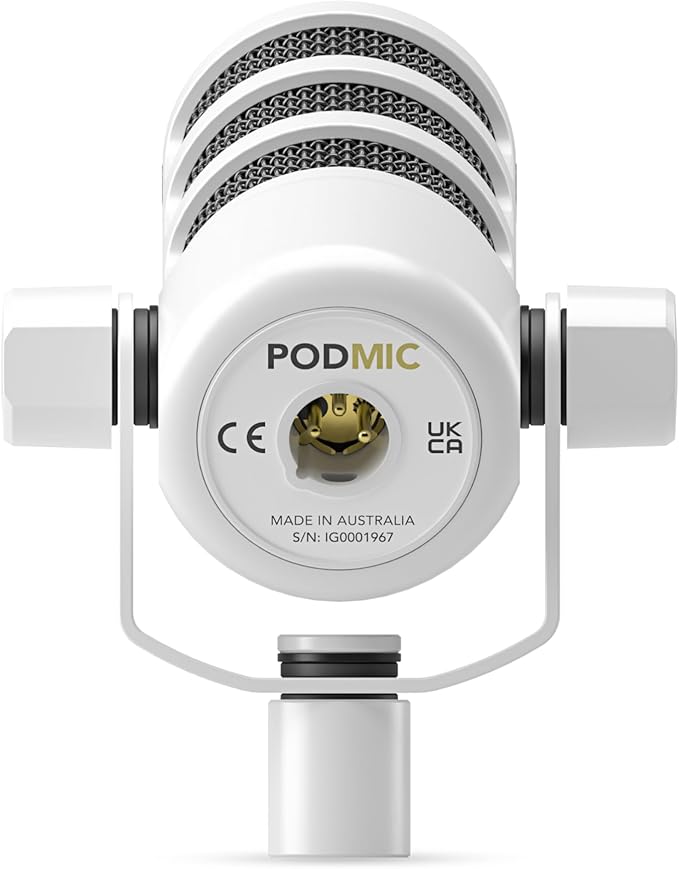 Rode PodMic Cardioid Dynamic Broadcast Microphone (White) with XLR Cable and StreamEye Polishing Cloth