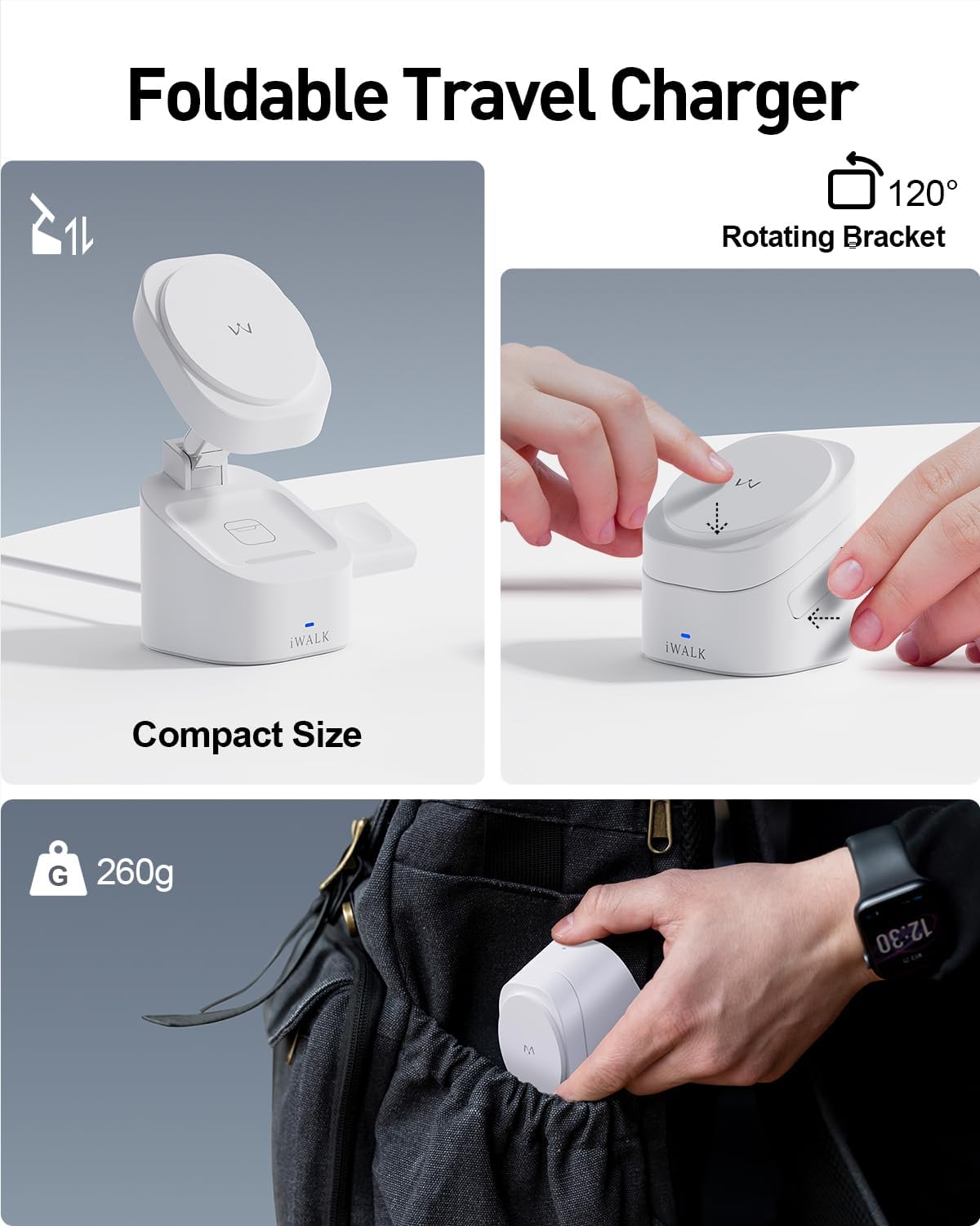 iWALK 3-in-1 Magnetic Wireless Charging Stand, 15W Foldable Charger Station for iPhone 16/15/14/13/12, Apple Watch & AirPods, Adjustable Dock with 20W USB-C Adapter