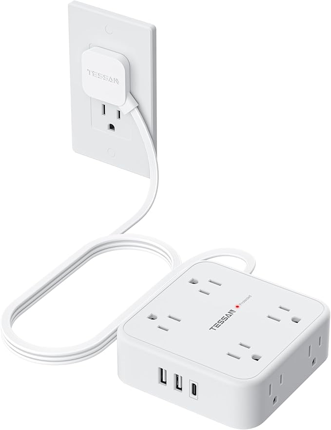 TESSAN Surge Protector Power Strip, 5 Ft Flat Plug Extension Cord with 3 USB (1 USB C) 8 Outlets, 900J Protection, 3 Sided Outlet Extender with Power Switch for Office, Dorm Room, White
