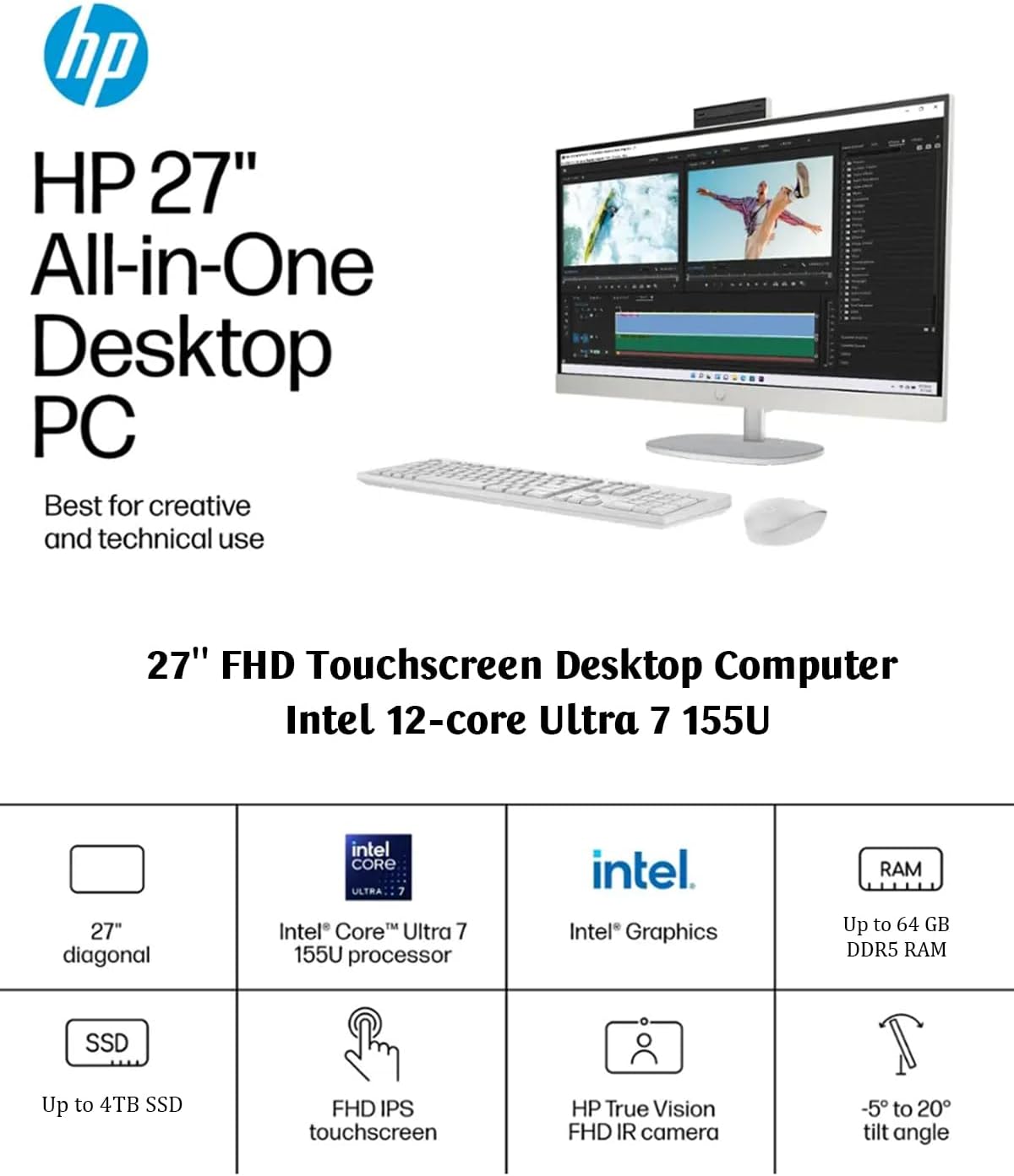 HP All-in-One Desktop - 27'' FHD Touchscreen Computer, Windows 11 Pro, Intel 12-core Ultra 7 155U(Beats i7-1355U), Wi-Fi 6, Bluetooth, Adjustable Height, Anti-Glare (32GB RAM | 1TB SSD)