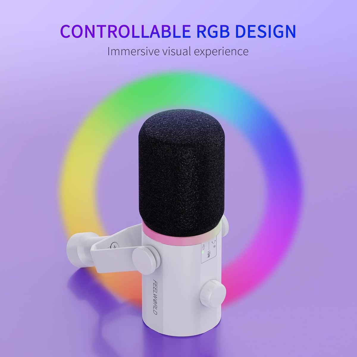 FEELWORLD PM1 XLR USB Dynamic Microphone Gifts for Podcast Recording PC Computer Gaming Live Streaming Vocal Voice-Over, Studio Metal Mic with RGB Light, Mute Button, Headphones Jack (White)