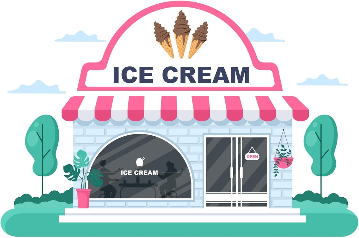 CORFOTO 10x8ft Summer Fabric Ice Cream Shop Backdrop Pink White Striped Awning Brick Building Scene Photography