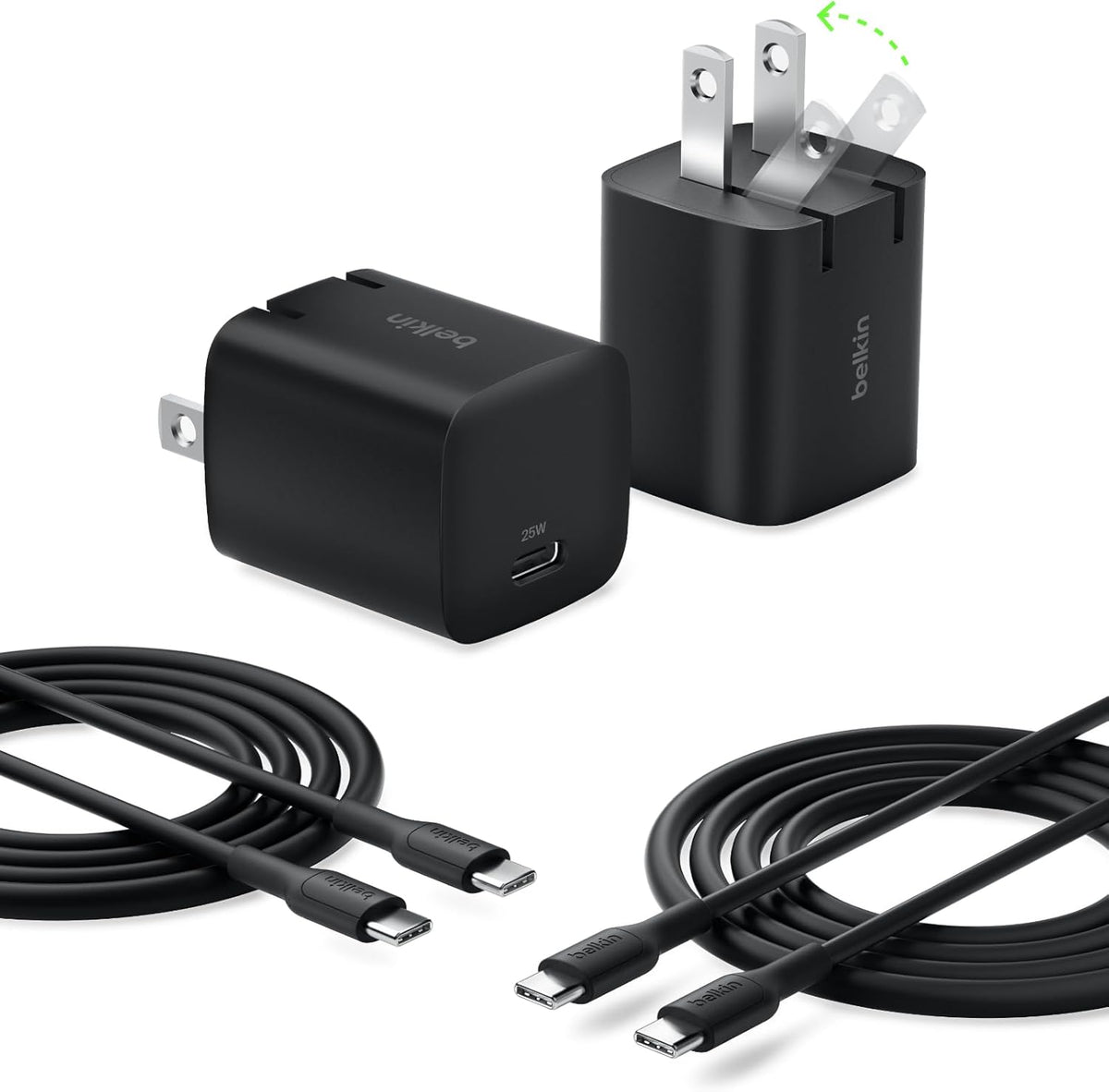 Belkin USB C Charger Block 25W (2 Pack) USB C Cable Included - PD3.0 PPS Fast Charging for Samsung Galaxy S25, S24, S23, S22, Apple iPhone 16, iPhone 15, Google Pixel 9, Nintendo Switch, etc - Black