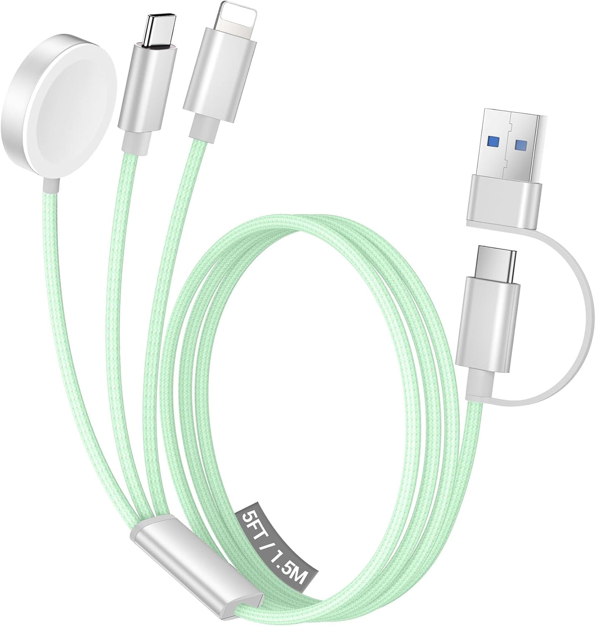 Temdan for Travel Vacation Essentials,3 in 2 USB C Cable for Apple Watch Charger/iPhone 16 Charger/Lightning,Multi Charging Cable Cord,Camping Essentials,Designed for iWatch &iPhone 16-12-5FT Green