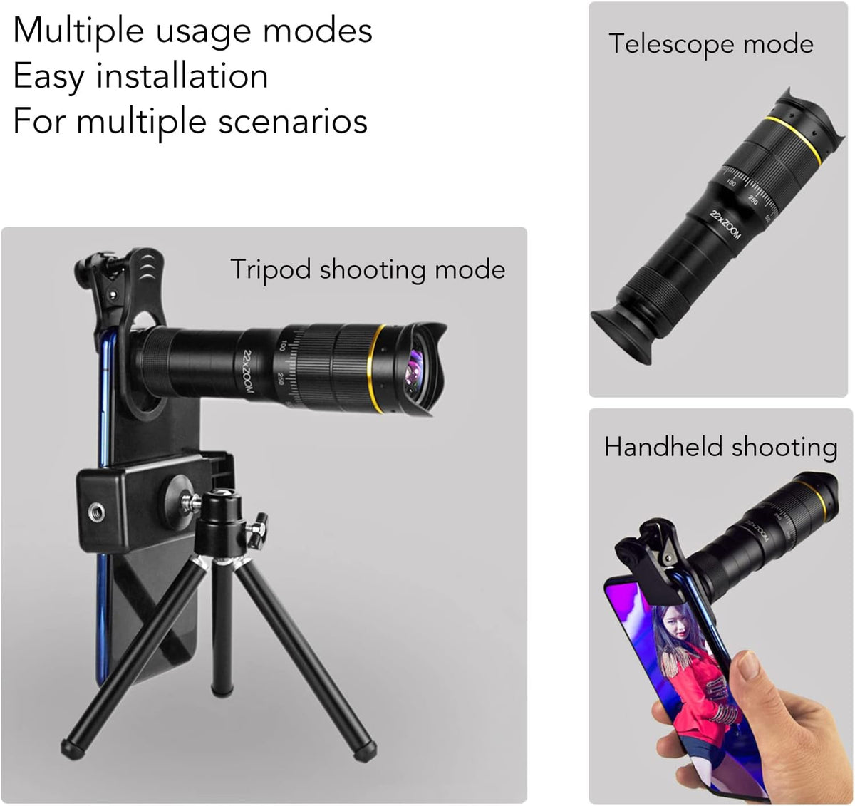 Portable 32X Phone Camera Lens HD Zoom Lens Clip On, Double Adjustment Eyepiece System, Large Aperture Objective Lens, Multiple Use Modes, Widely Applicable for Photo Video