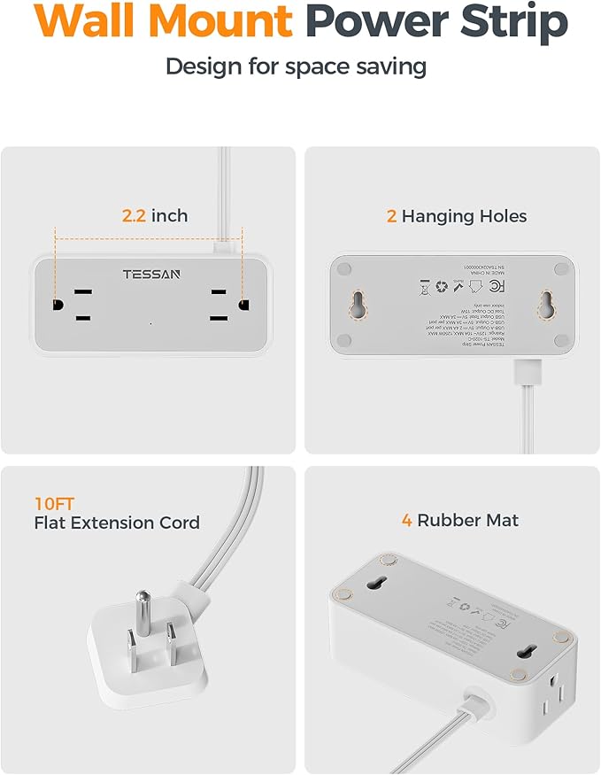 TESSAN Extension Cord 10 FT, Power Strip with 900J Surge Protection, Grey
