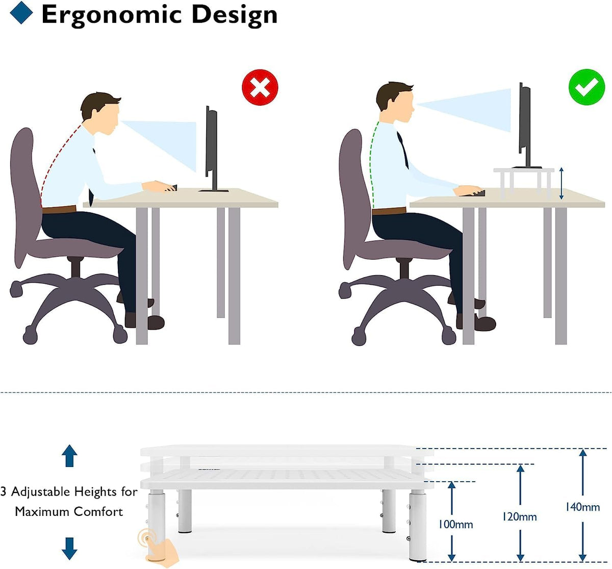 BONTEC 2 Pack 3 Height Adjustable Monitor Stand Riser with Pen Holder, Ergonomic Metal Laptop Stand with Cable Management, Desktop Stand for Computer, Printer, Monitor, Laptop, Black Steel, 14.5 in
