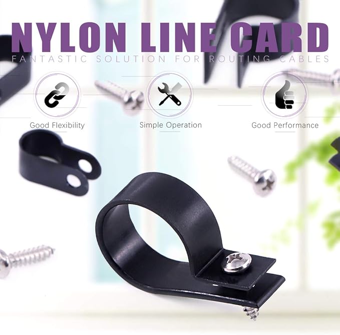 Swpeet 135 Pack 6 Sizes Black Nylon Plastic R-Type Cable Clips Clamp Assortment Kit, 1/4" 5/16" 3/8" 1/2" 3/4" 1" Nylon Screw Mounting Cord Fastener Clips with 135 Pack Screws for Wire Management