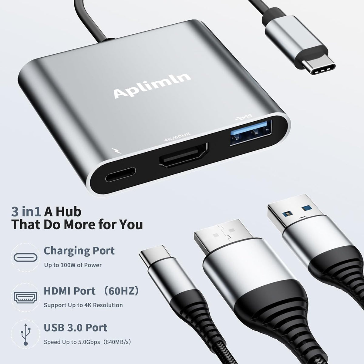 USB C to HDMI Adapter, 4K@60Hz HDMI to USB-C Adapter with USBA 3.0 & 100W PD Port Multiport Digital AV Converter for MacBook Pro/Air, iPad, iPhone 15/16, Tablets, Switch, TV, Monitor and More