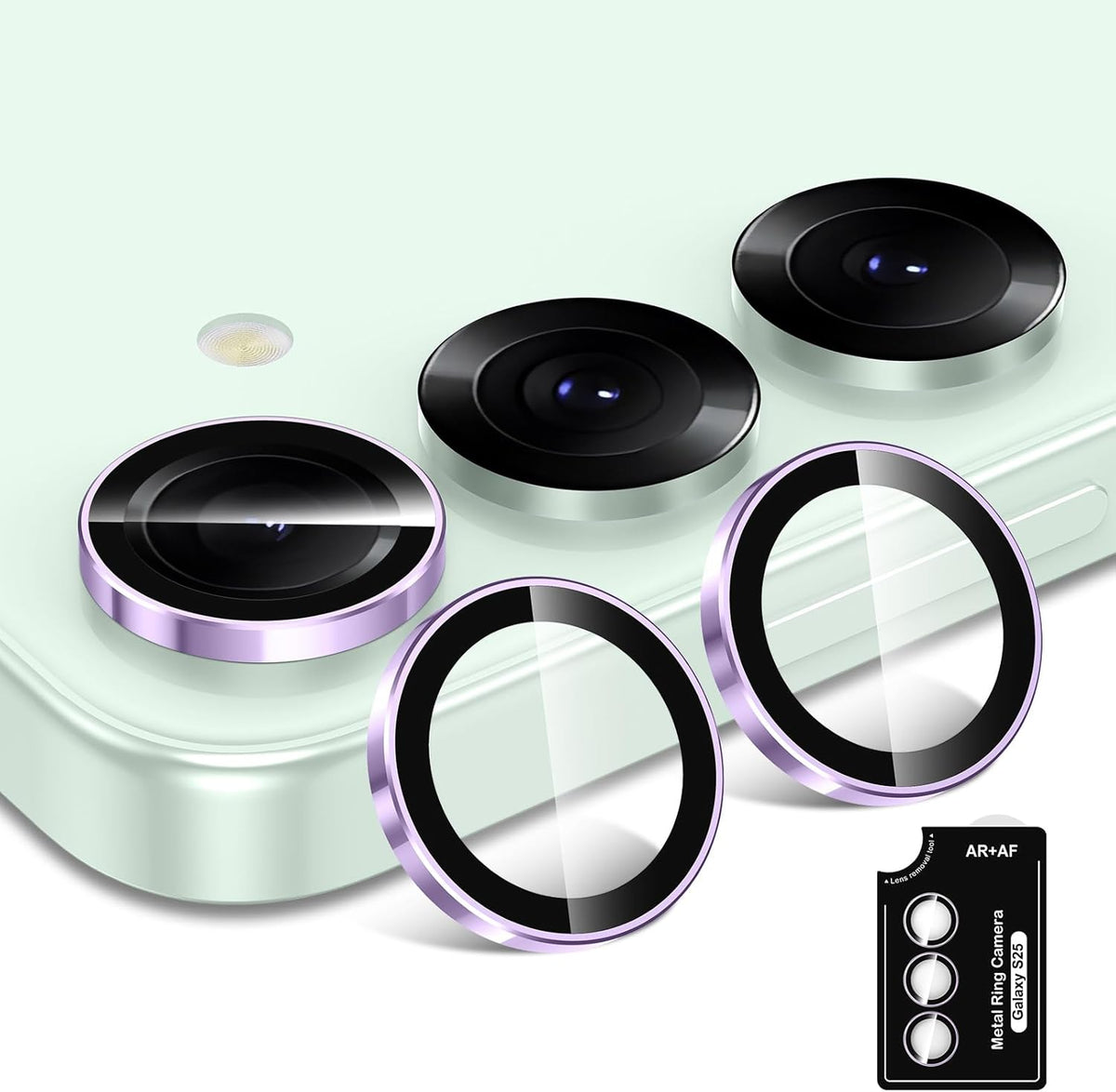 for Samsung Galaxy S25 Camera Lens Protector, Individual Metal Ring Tempered Glass Lens Cover, [Strong Adsorption] Scratch Resistant Ultra-Thin HD Clear Lens Cover, 1 Set-Purple Ring