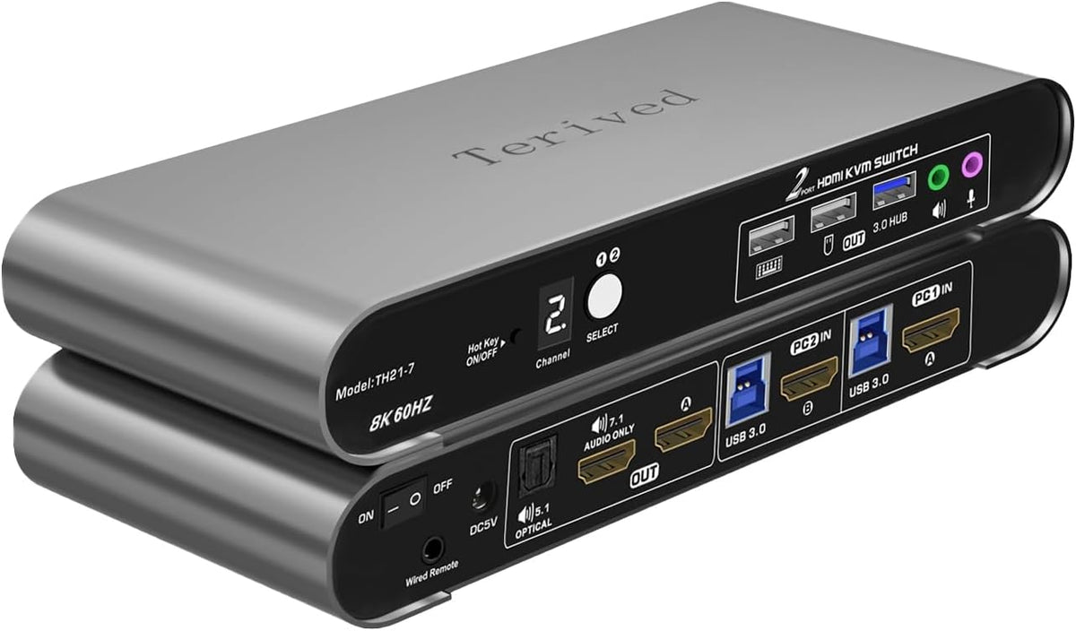 2 Computers 1 HDMI Monitor Automatic KVM Switch 8K@60Hz, Hotkey Switching, EDID, Support 5.1/7.1 Audio and Microphone, Aluminum Shell with Digital Display, USB 3.0 Hub, HDR10 with Cables
